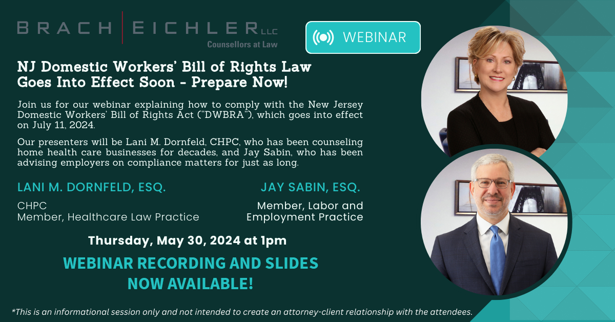 NJ Domestic Workers’ Bill of Rights Law Goes Into Effect Soon – Prepare Now!